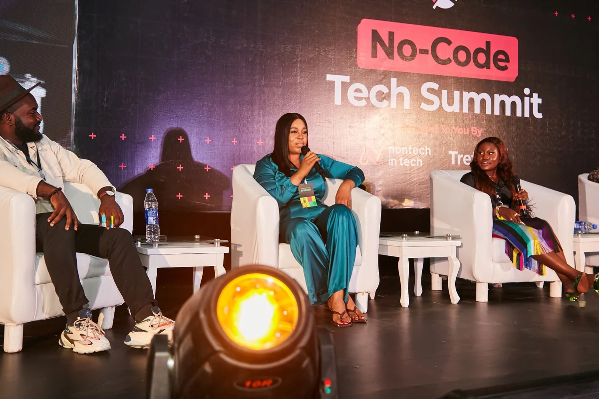 Barakat Olatinwo speaking on a panel at the No-Code Tech Summit
